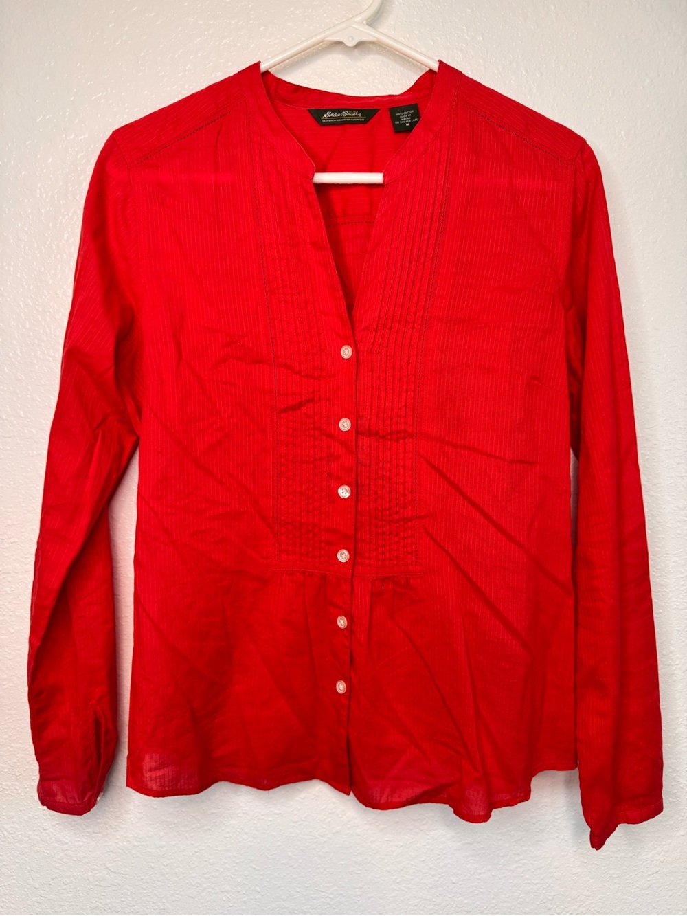 Red Top Eddie Bauer V Neck Button Down Women's Blouse Cotton sz M